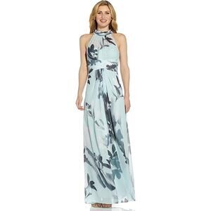 NEW NWT Adrianna Papell Mint Printed Chiffon Halter Maxi Gown Size US 14